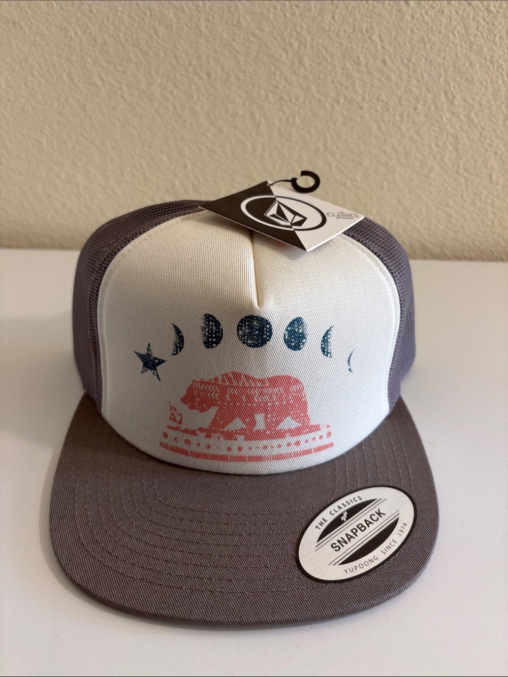 Trucker Snapback Hat - White & Brown with Moon Phases and Bear